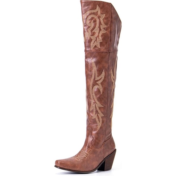 VOMIRA Knee High Cowboy Boots for Women Pointed Toe Chunky Cork Heel - Picture 6 of 7